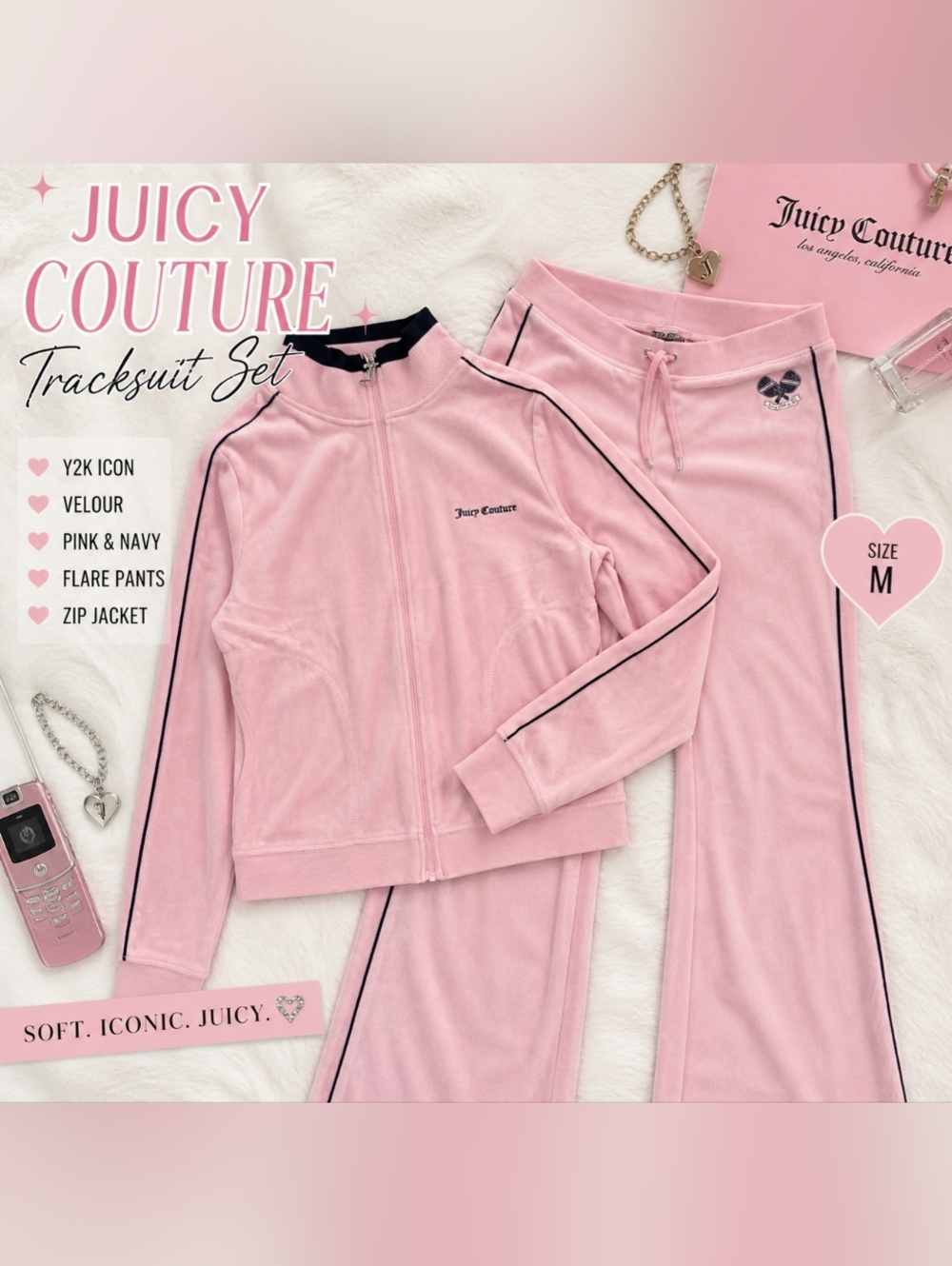NWT Juicy Couture Pink Velour Tracksuit Set Y2K Style Zip Jacket Flare Pants M